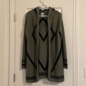 Daytrip Cardigan (Long). Hood. Fringe on back. Large. Olive green and black.